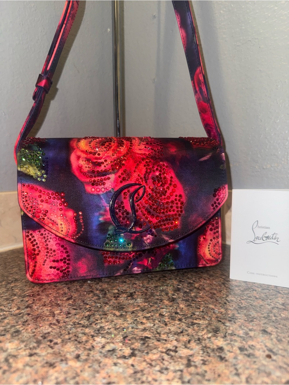 Christian Louboutin Loubi54 Rose Print Strass Satin Crossbody Bag ✅authentic✅ - Picture 2 of 14